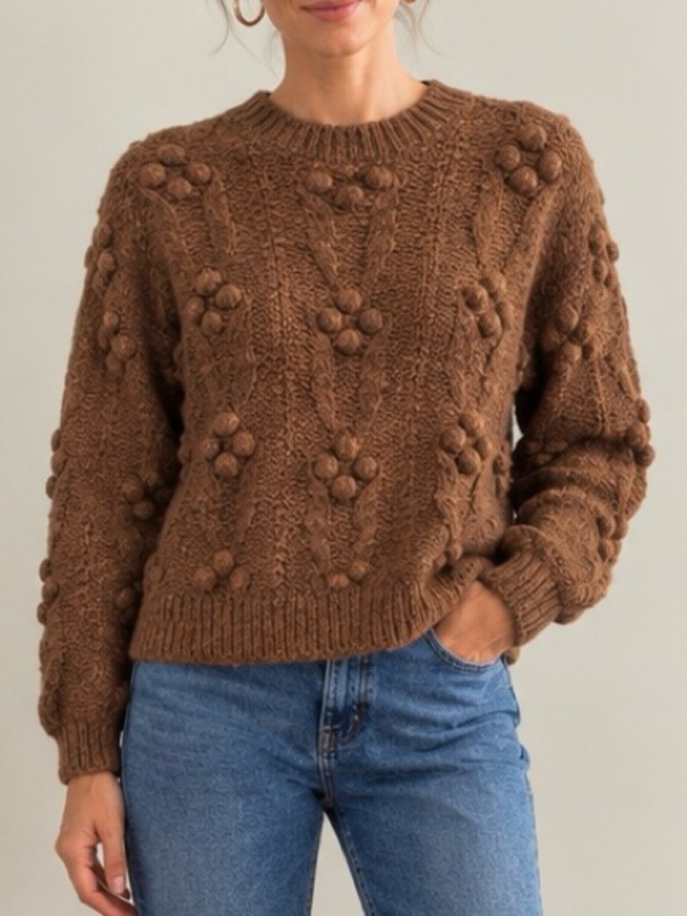 Vero Moda Brown Pom-Pom Cable Knit Crew Sweater